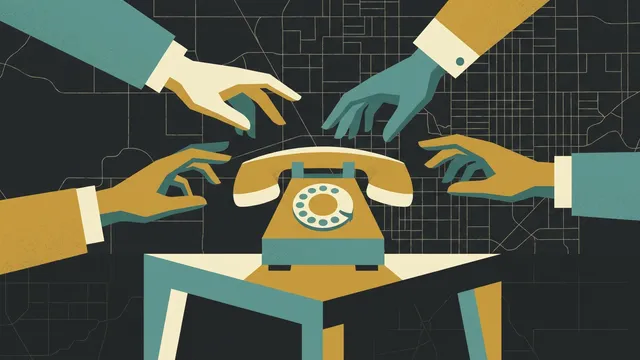 A single old telephone handset on a table with five different hands reaching for it from every side