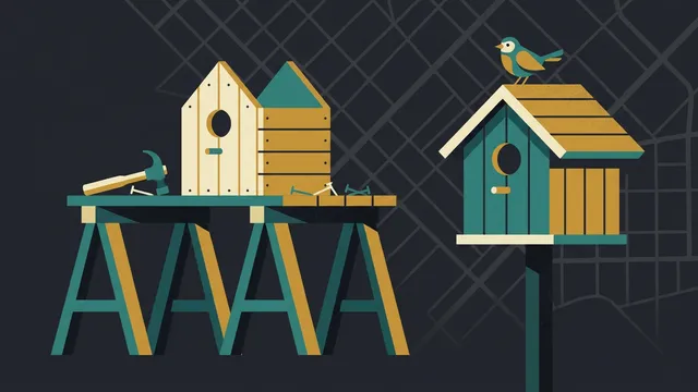 Sawhorses holding a half-built birdhouse with a hammer and loose nails, beside a finished painted birdhouse on a post with a bird on it