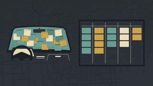 A truck dashboard covered in sticky notes on the left; on the right, a clean board with cards arranged in neat columns