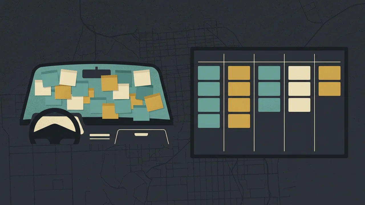 A truck dashboard covered in sticky notes on the left; on the right, a clean board with cards arranged in neat columns