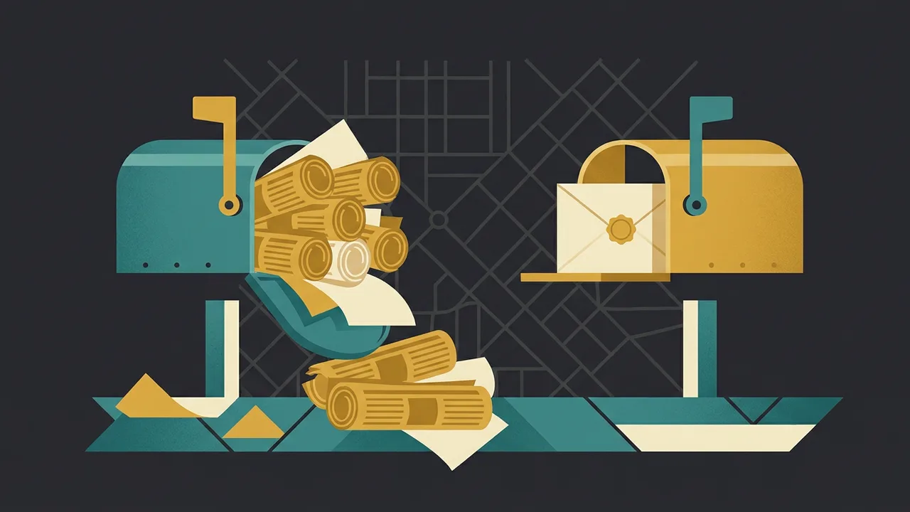 A mailbox stuffed with rolled newspapers overflowing onto the ground beside a second mailbox holding one neat envelope with a gold seal