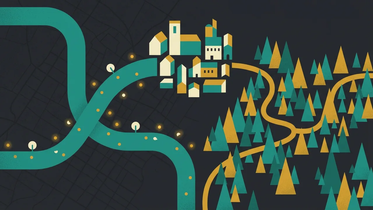 A fork in a road from above — the left branch paved and lit with lamps, the right a footpath through trees, both arriving at the same small town