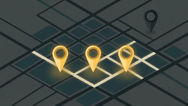 A city street map seen from above with three location pins lit in gold in a row, a fourth pin in the distance still dark
