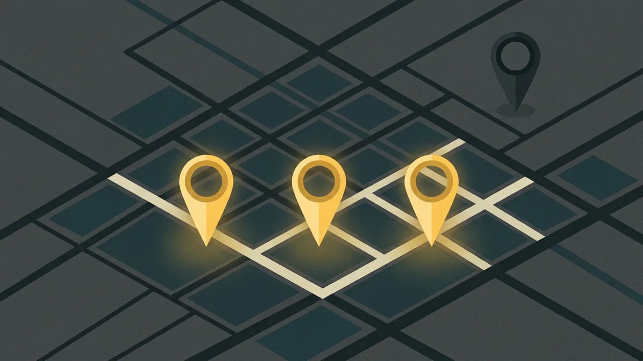 A city street map seen from above with three location pins lit in gold in a row, a fourth pin in the distance still dark