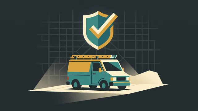 A shield badge with a bold check mark floating above a plumber’s work van in a driveway in morning light