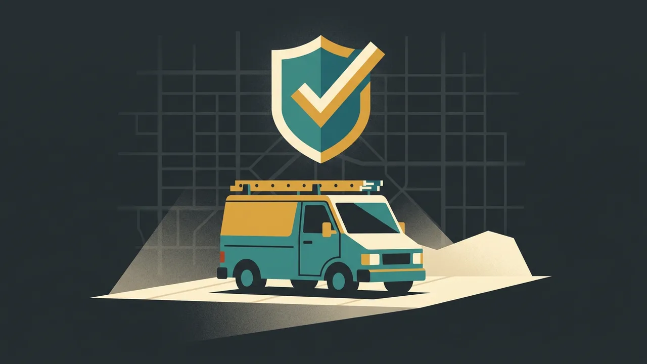 A shield badge with a bold check mark floating above a plumber’s work van in a driveway in morning light