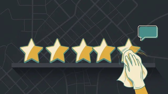 Five large star shapes on a shelf, four polished bright gold and one being buffed with a cloth, a small teal speech bubble beside them