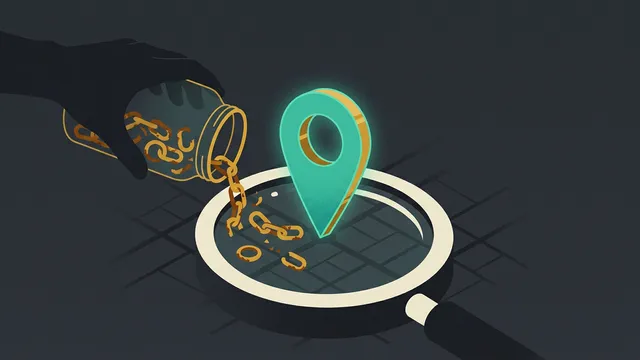 A lone map pin standing on a dark grid while a hand at the edge of the frame tips a pile of rusted chain links toward it — a competitor trying to bury a site