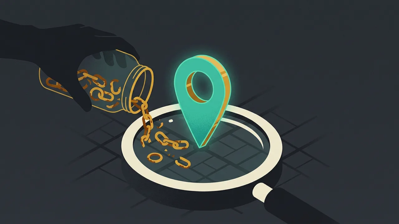 A lone map pin standing on a dark grid while a hand at the edge of the frame tips a pile of rusted chain links toward it — a competitor trying to bury a site