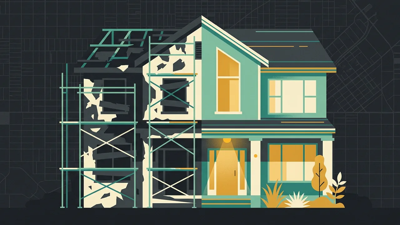 A two-story house split down the middle — the left half in scaffolding with peeling paint, the right half freshly painted with a lit porch