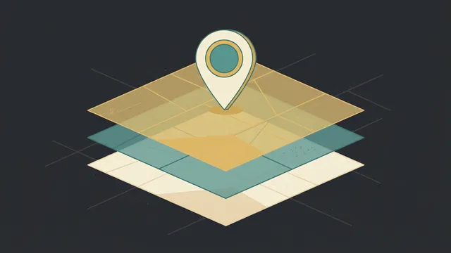 Four translucent map layers stacked with a slight offset, a single location pin standing on the top one — the four disciplines of search