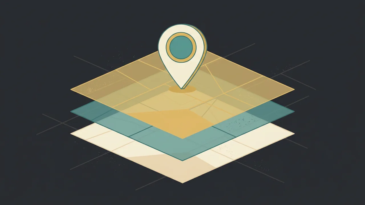 Four translucent map layers stacked with a slight offset, a single location pin standing on the top one — the four disciplines of search