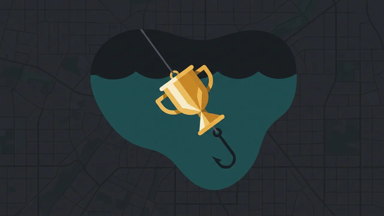 A shiny gold fishing lure shaped like a small trophy dangling on a line in dark teal water, a hook visible beneath it