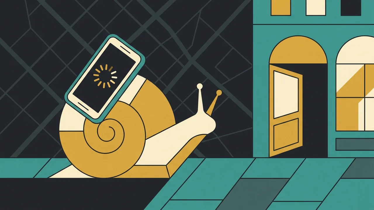 A snail carrying a smartphone on its shell, a loading spinner on the screen, crawling along a sidewalk toward an open shop door