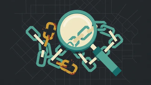 A tangle of chain links under a magnifying glass, a few of them rusted and broken — checking a site’s backlinks