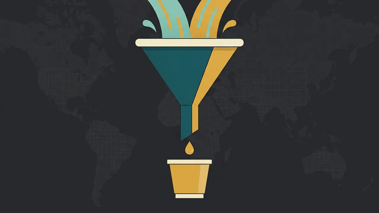 A large funnel with water pouring into the top and a single drop falling from the narrow end into a cup