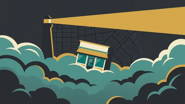 A small storefront half hidden in fog at night while a lighthouse beam sweeps past above it and misses