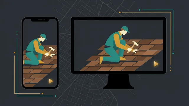 A vertical phone and a widescreen monitor side by side, both showing a roofer at work, a gold play button between them