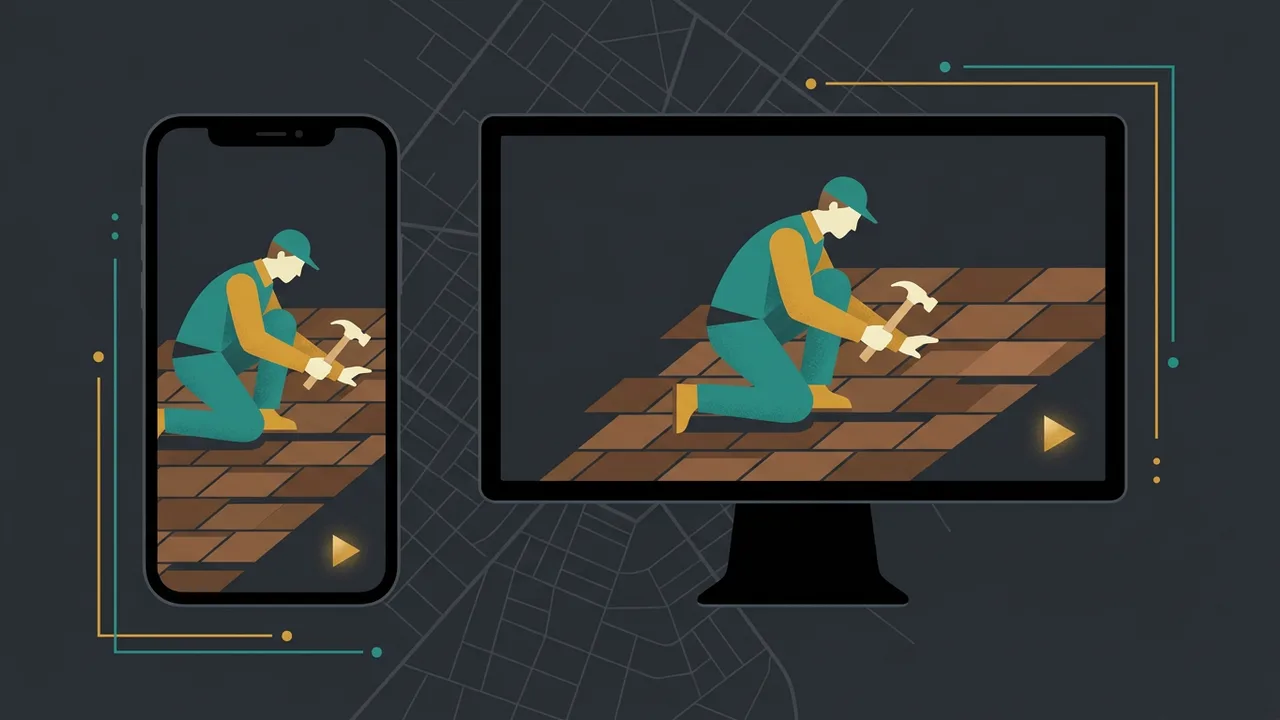 A vertical phone and a widescreen monitor side by side, both showing a roofer at work, a gold play button between them