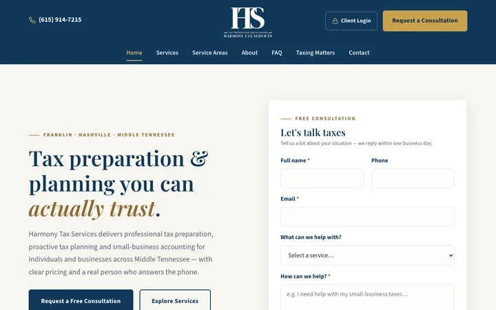 harmonytaxcpa.com — the home page of Harmony Tax Services CPA, PC