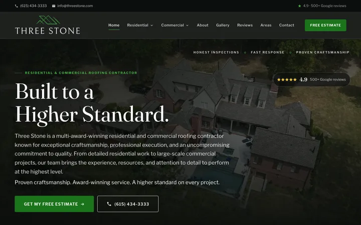 threestone.com — the home page of Three Stone Roofing & Exterior Services